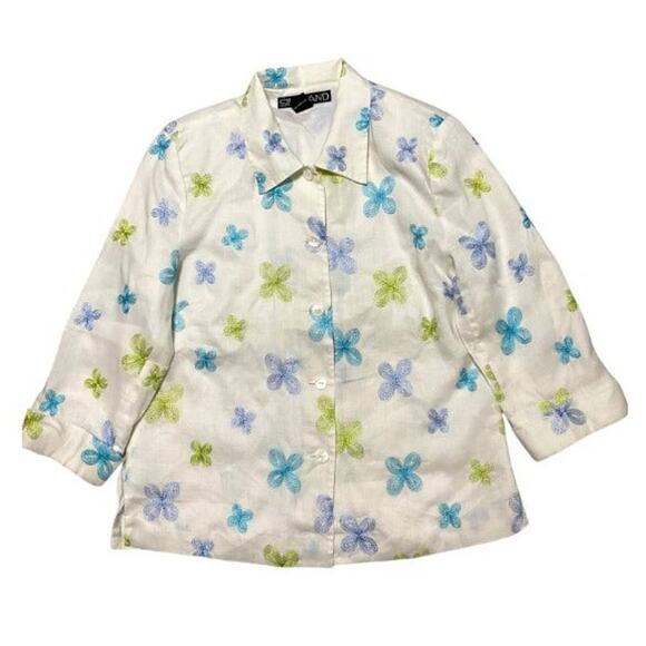 Silkland Embordered Green/Blue Linen White Button-Down Jacket Size 14 - Picture 1 of 1